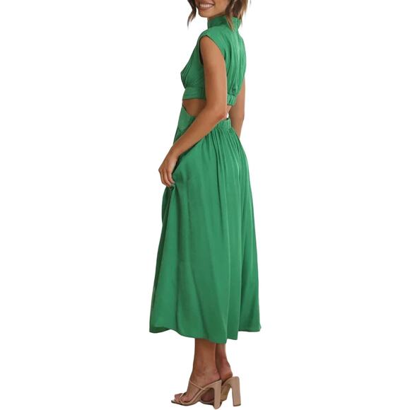 Green Cutout Midi Dress Womens XS Mock Neck Sexy Sleeveless Pleated Party Dress - Picture 3 of 15